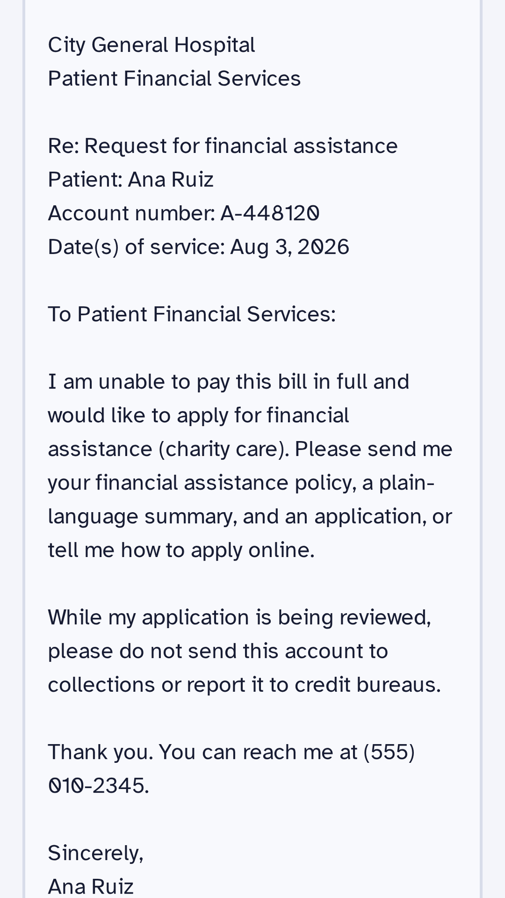 A ready-to-send financial assistance letter written by the app