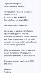 A ready-to-send financial assistance letter written by the app