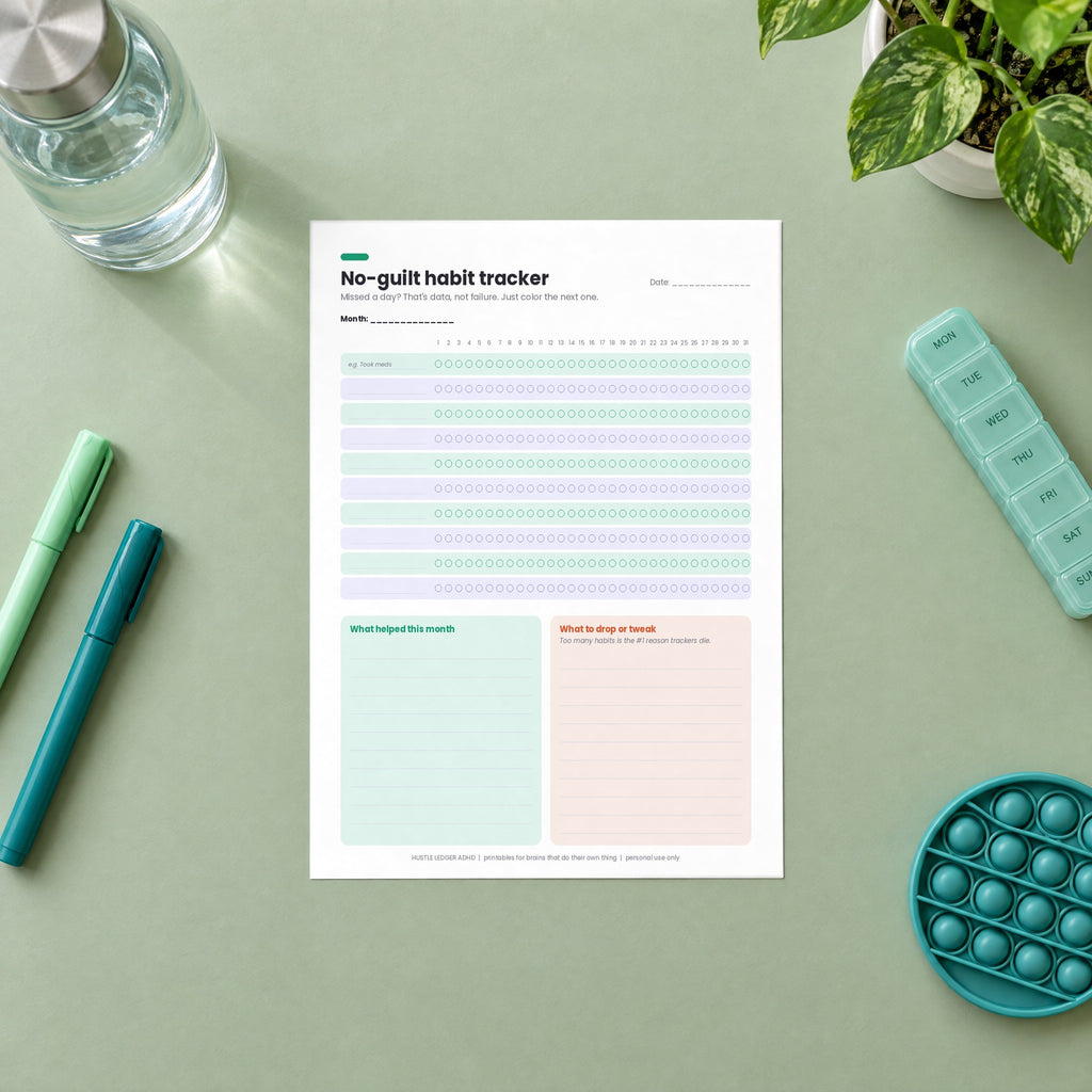 No-Guilt Habit Tracker printed page on a desk