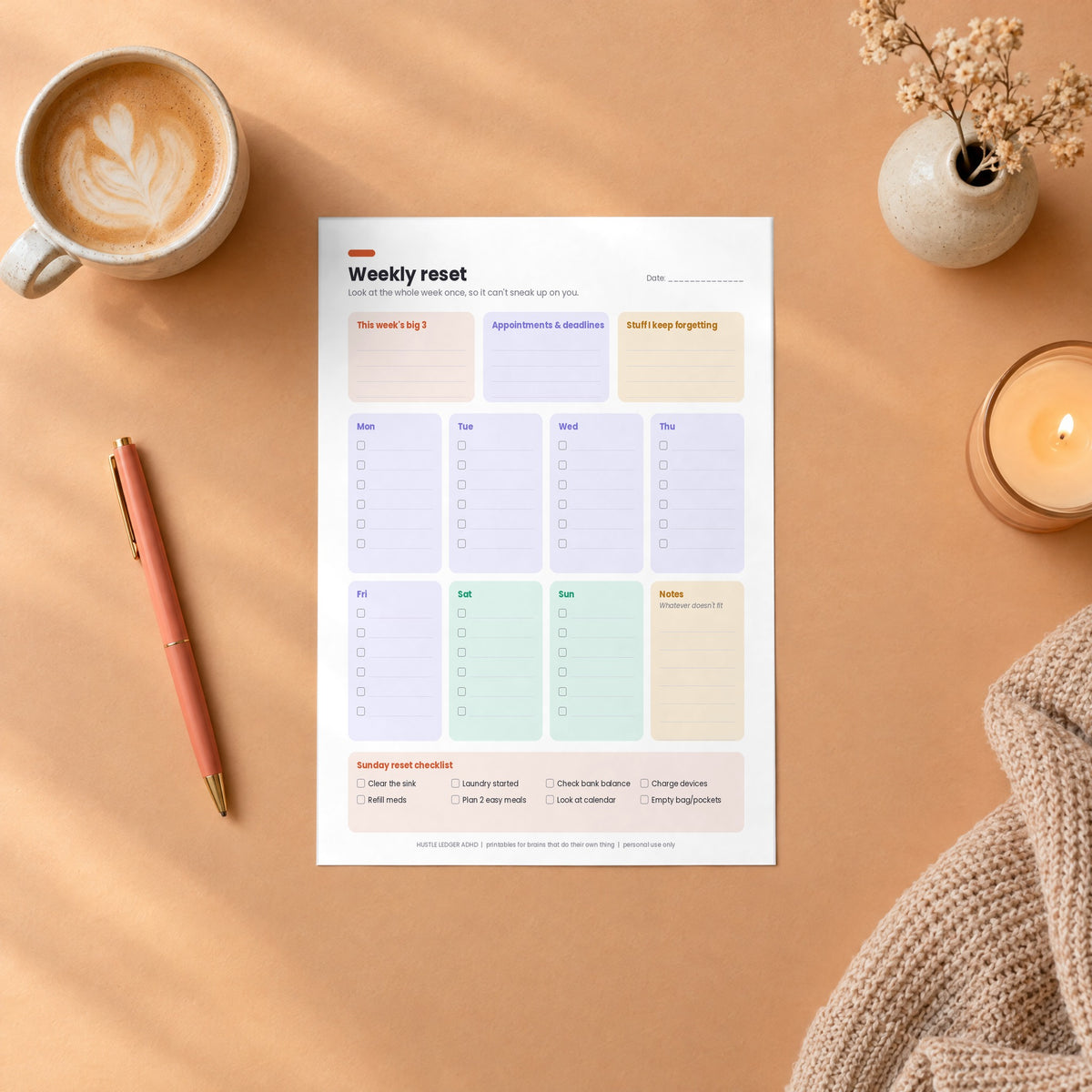 Weekly Reset Planner printed page on a desk