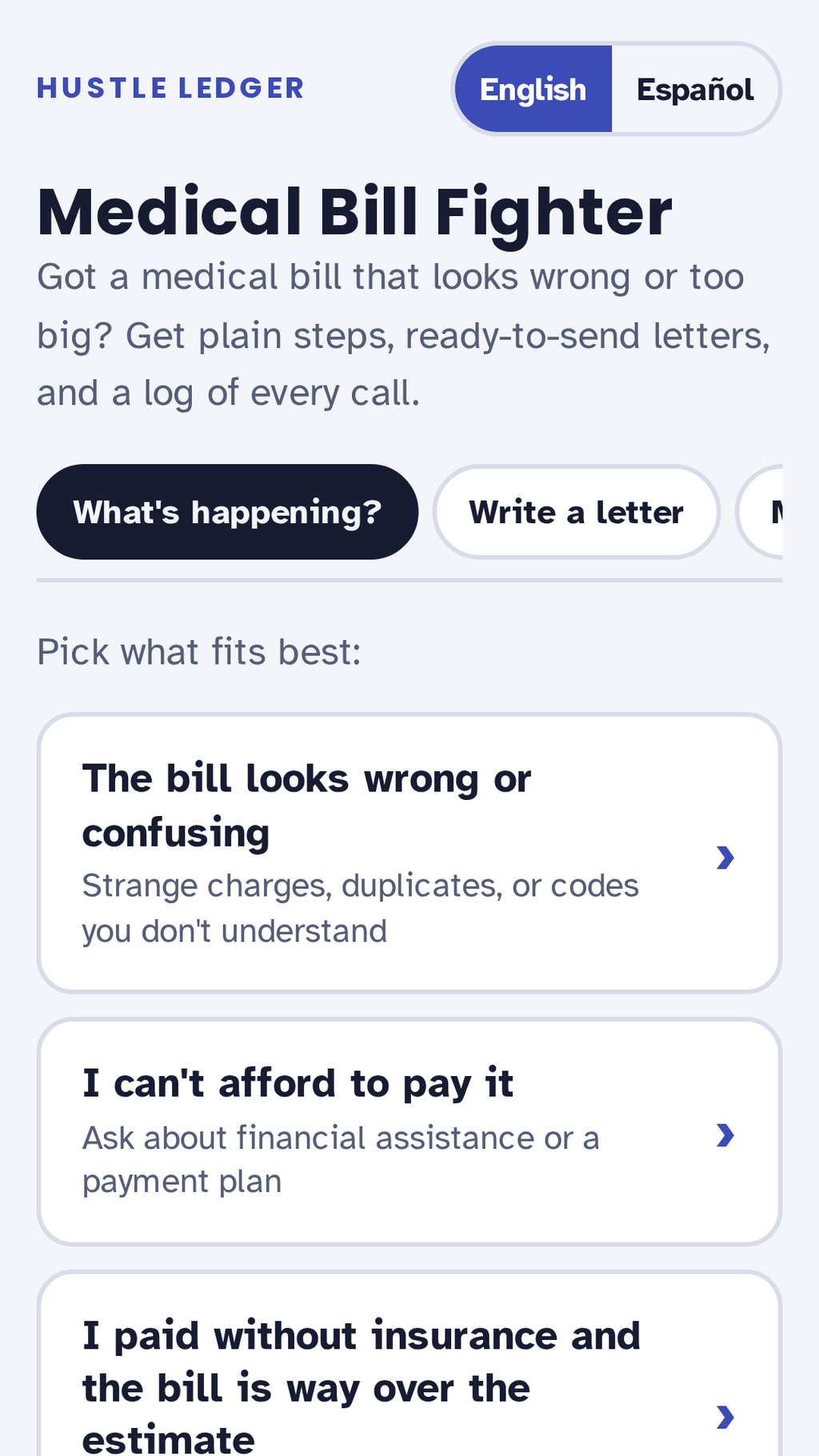 Medical Bill Fighter home screen: pick your situation