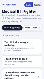 Medical Bill Fighter home screen: pick your situation