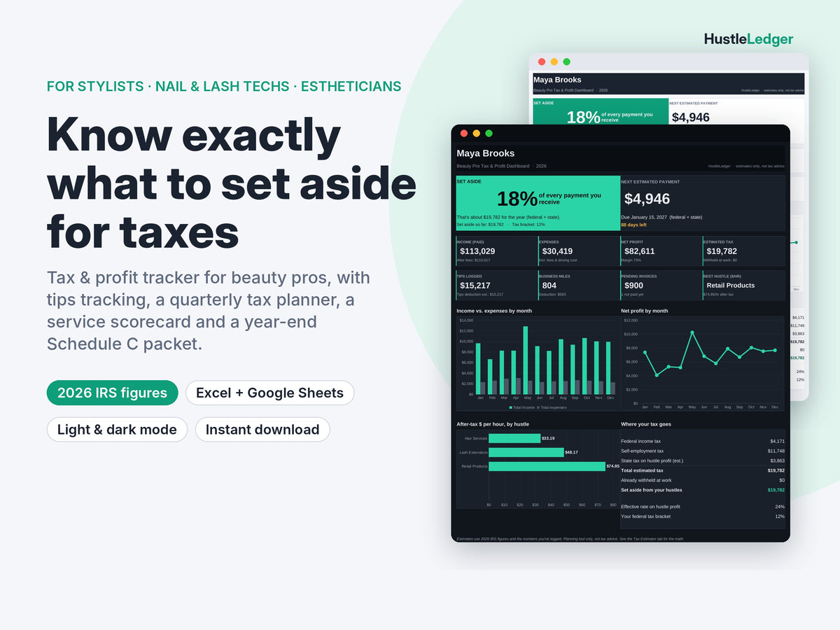 HustleLedger Beauty Pro Tax & Profit Tracker 2026 cover: what % of every service and tip to set aside for taxes
