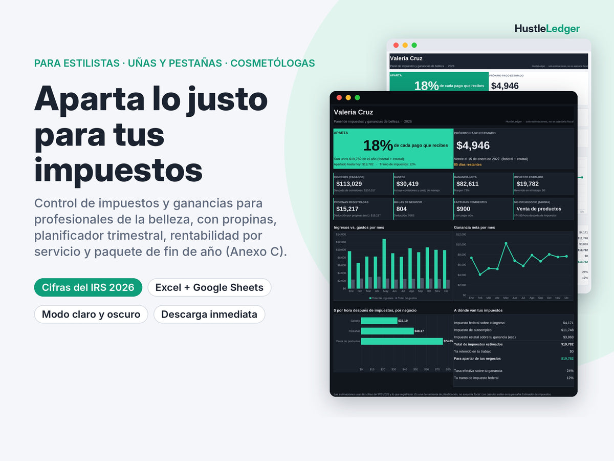 HustleLedger Control de Impuestos para Profesionales de la Belleza 2026: portada en español