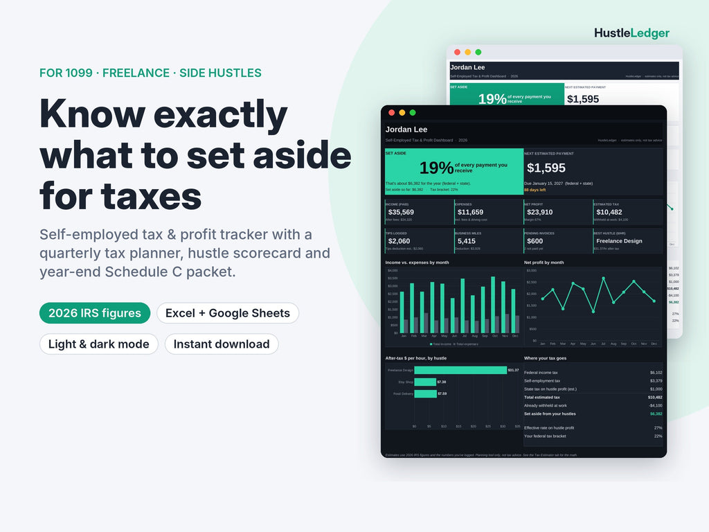 HustleLedger Self-Employed Tax Tracker 2026 cover: what % of every payment to set aside for taxes