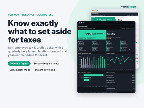 HustleLedger Self-Employed Tax Tracker 2026 cover: what % of every payment to set aside for taxes