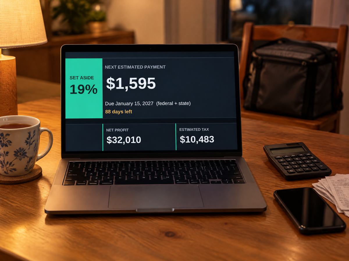 HustleLedger dashboard showing what to set aside for taxes, on a laptop at a kitchen table