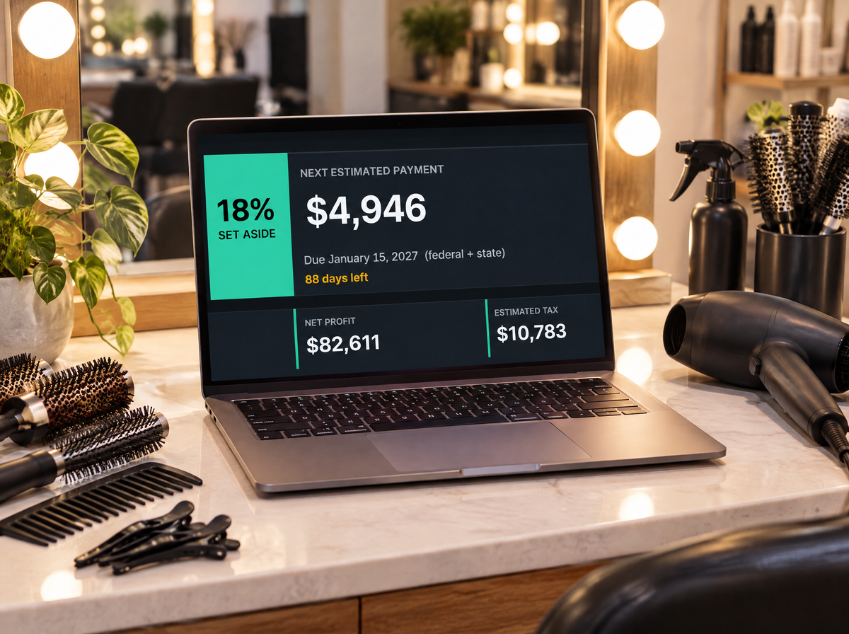 HustleLedger Beauty Pro tax tracker on a laptop at a hair salon station