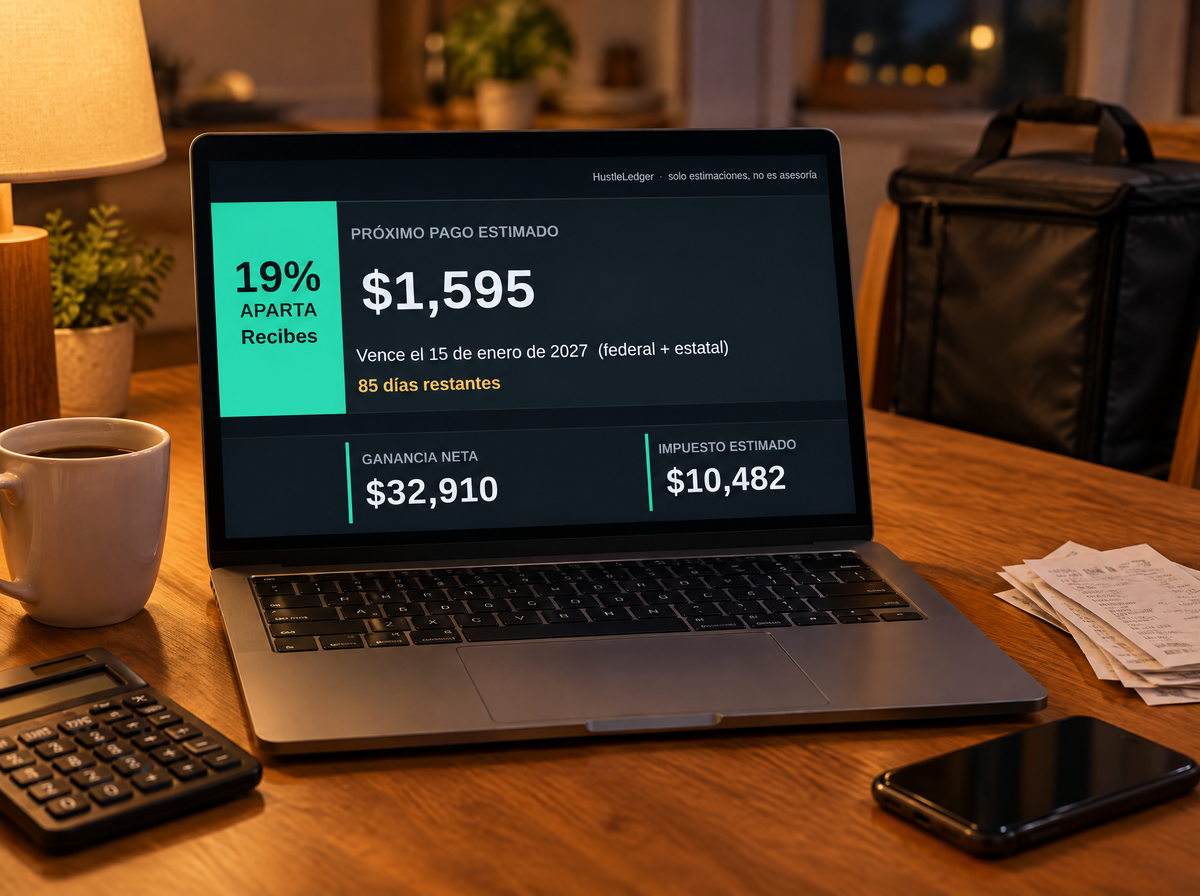Panel de HustleLedger con el porcentaje para apartar de impuestos, en una laptop en la mesa de la cocina