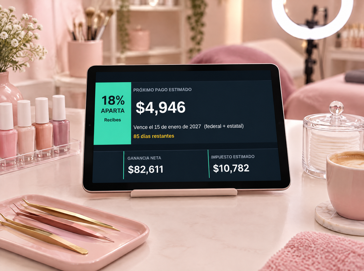 Panel de HustleLedger para belleza en una tablet en un estudio de uñas y pestañas