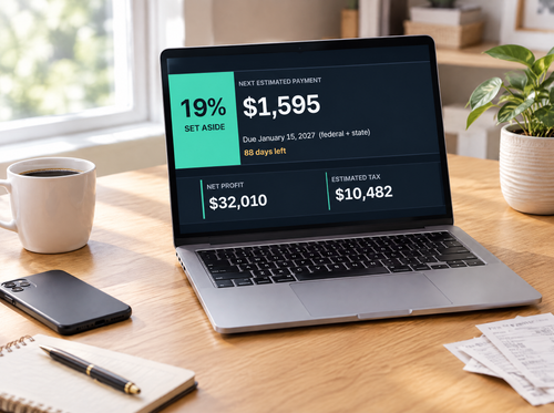 HustleLedger Self-Employed Tax Tracker dashboard on a laptop in a home office