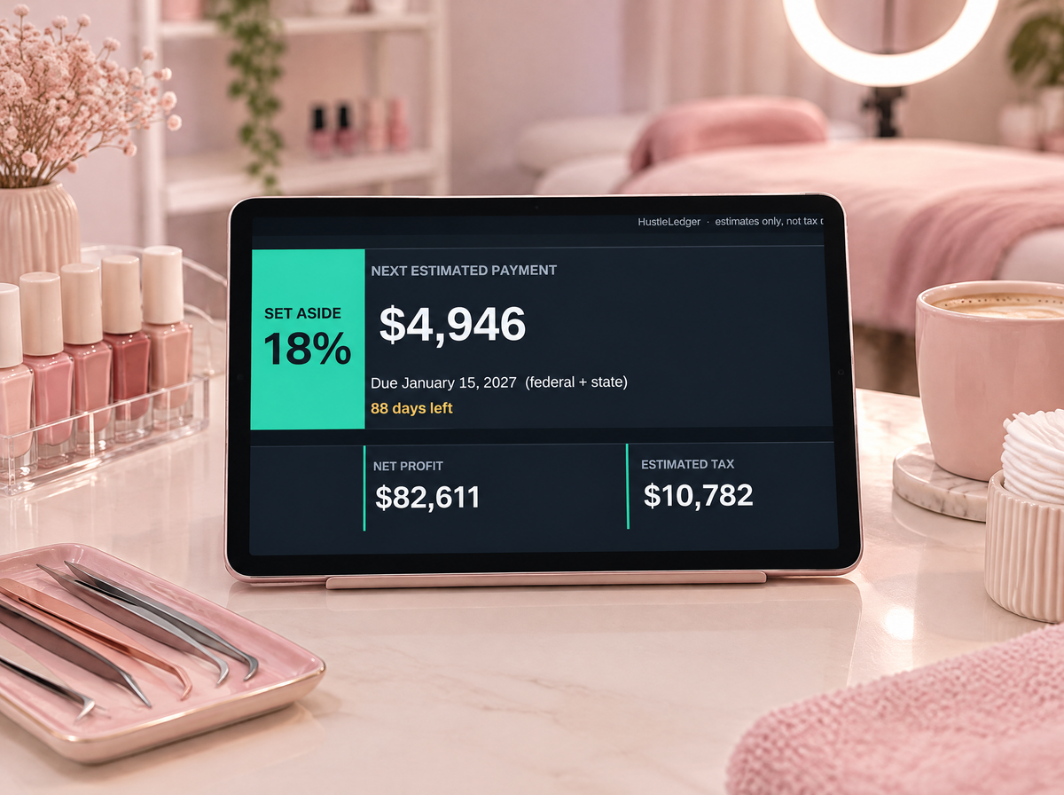 HustleLedger Beauty Pro dashboard on a tablet in a lash and nail studio