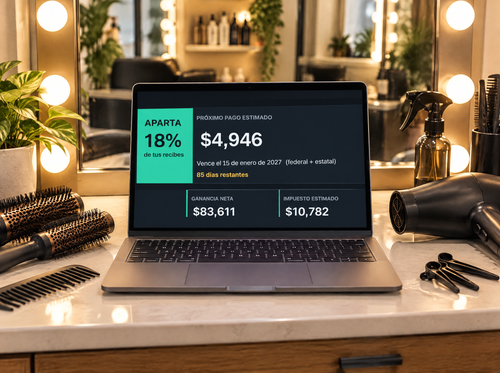 Hoja de impuestos HustleLedger para belleza en una laptop en un salón